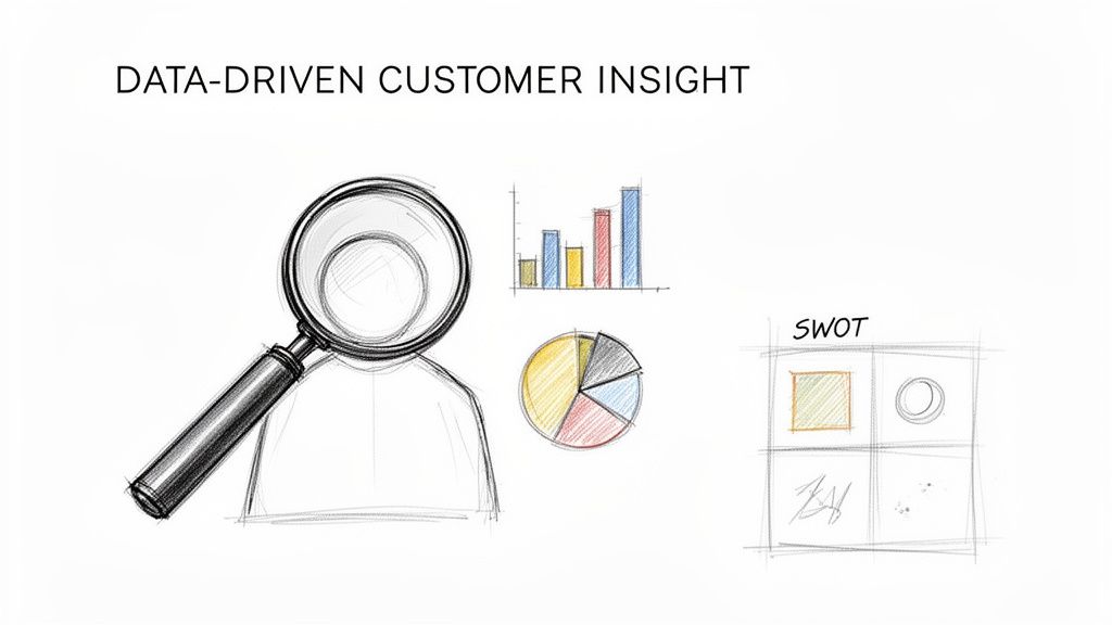Schematische weergave van datagedreven klantinzicht met vergrootglas, grafieken en SWOT-analyse.