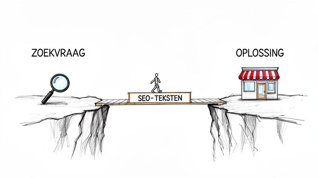 Een illustratie toont een zoekvraag en een oplossing, verbonden door een brug van SEO-teksten.