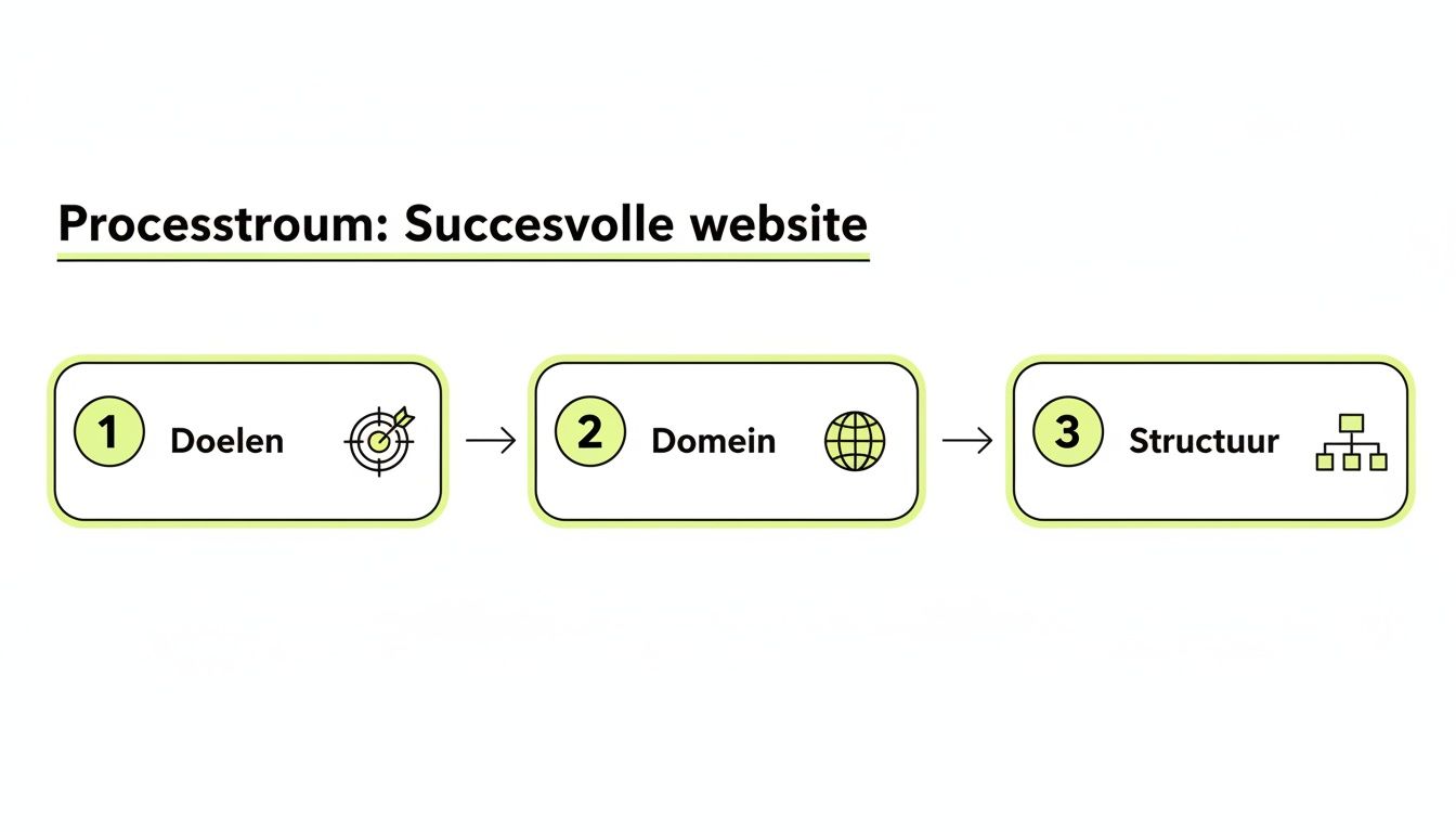 Een stroomdiagram met de stappen voor een succesvolle website: Doelen, Domein en Structuur.