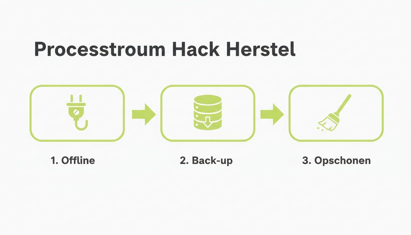 Illustratie van het processtroom voor hackherstel: offline gaan, back-up maken en opschonen.