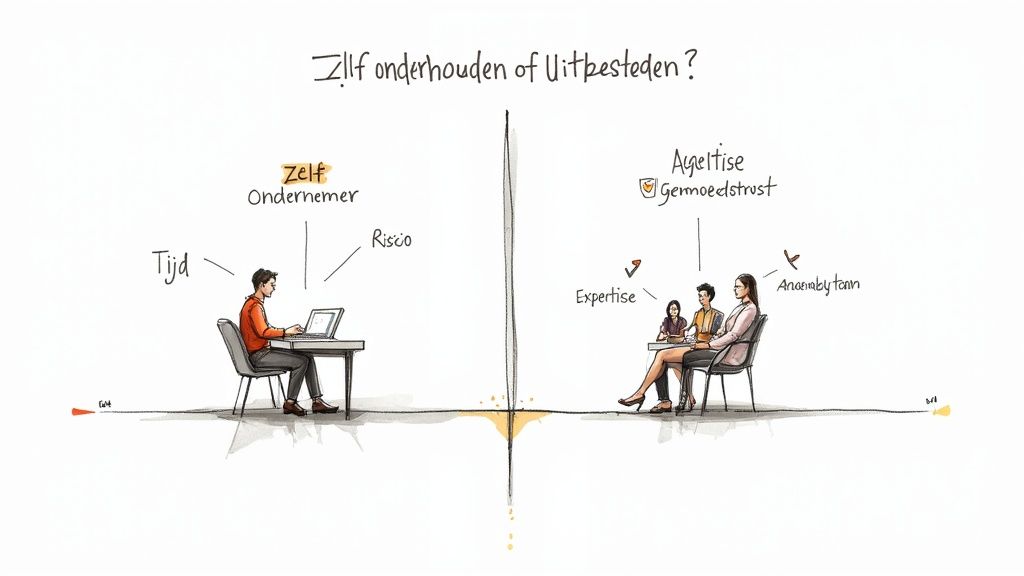 Cartoon over de keuze: zelf doen (ondernemer, tijd, risico) versus uitbesteden (team, expertise, rust).