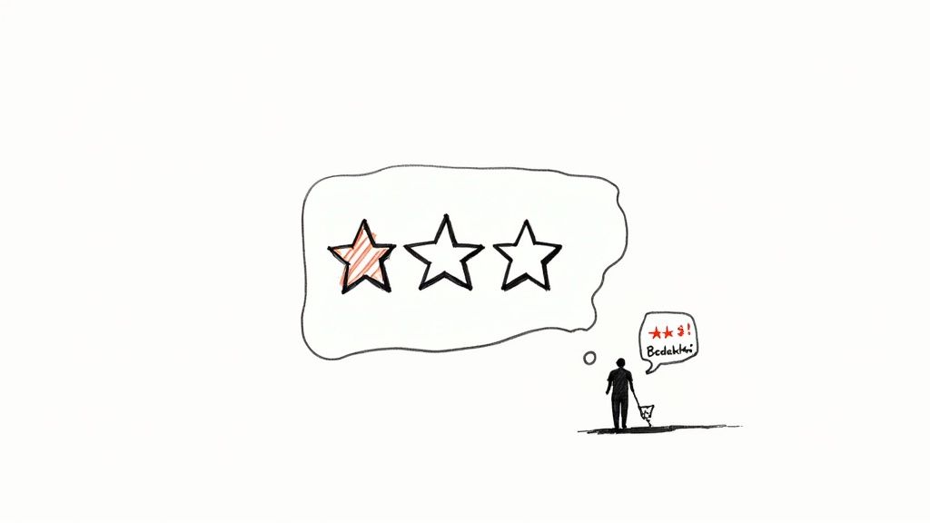 Een persoon kijkt naar één rode ster in een beoordelingssysteem en denkt aan een lage score met de tekst 'Bedankt!'.