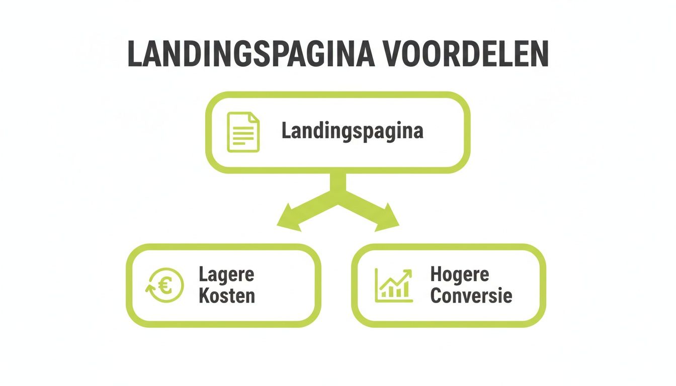 Diagram dat de voordelen van een landingspagina illustreert, met lagere kosten en hogere conversie.