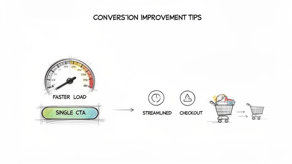 Illustratie met tips voor conversieverbetering: snellere laadtijden, één CTA en een gestroomlijnd afrekenproces.