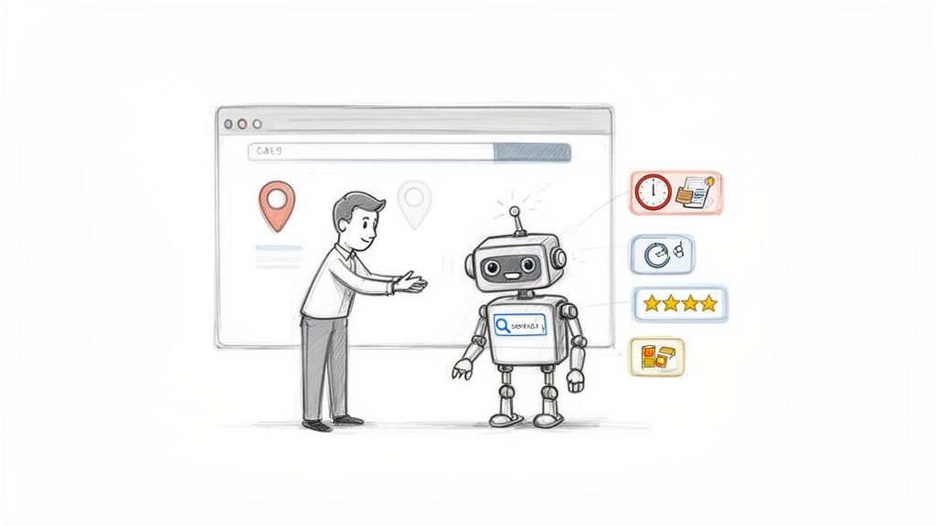 Een man en een robot interacteren voor een computerscherm. De robot verwerkt informatie via zoekfunctionaliteit en toont pictogrammen zoals klok, sterren en locaties.