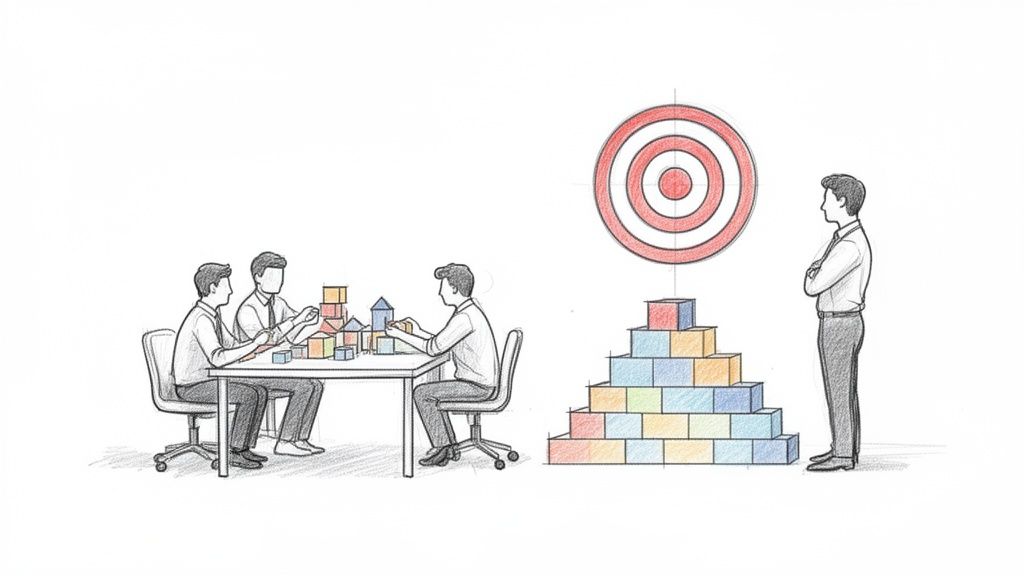 Drie mannen bouwen met blokken aan een tafel; een andere man observeert een doel en een blokkenpiramide.