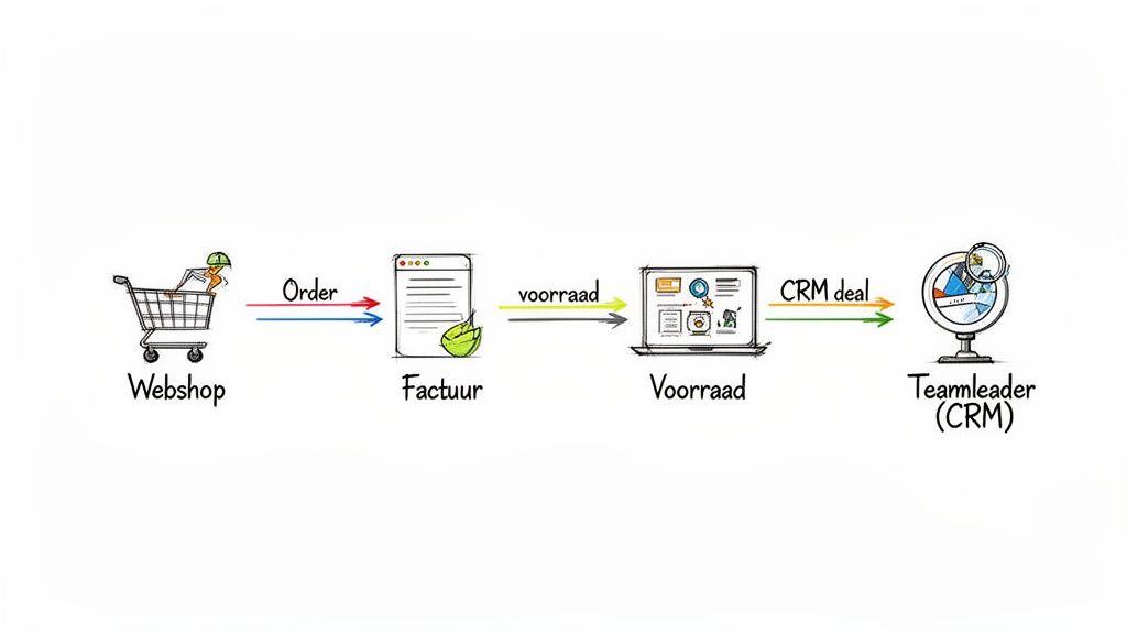 Een schematische weergave van de workflow van een webshopbestelling, van factuur tot voorraadbeheer en CRM-deal.
