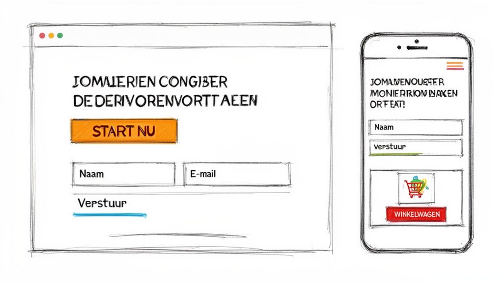 Wireframe van een website en mobiele app met invoervelden, knoppen en een winkelwagenicoon.
