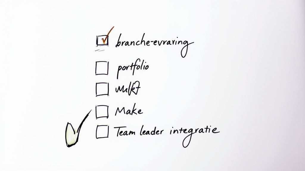 Een handgeschreven checklist op wit papier met vijf items. 'Branche-ervaring' is aangevinkt.