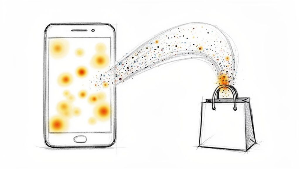 Een schematische tekening van een smartphone met oranje gloed die een stroom van kleurrijke stippen naar een boodschappentas stuurt, wat online winkelen symboliseert.