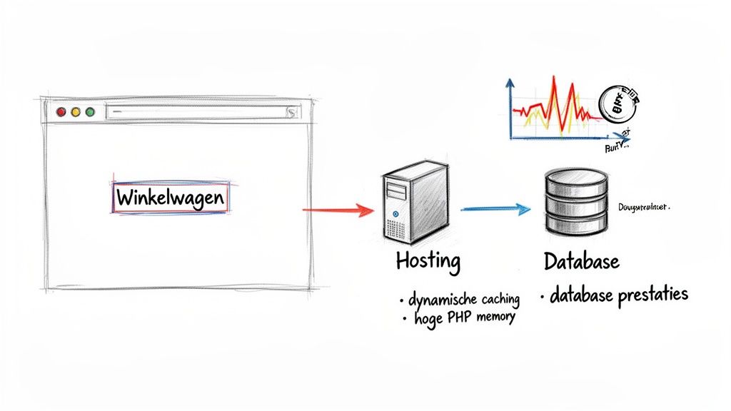 Schema van een website-architectuur met browser, hosting server en database met prestatie-indicatoren.
