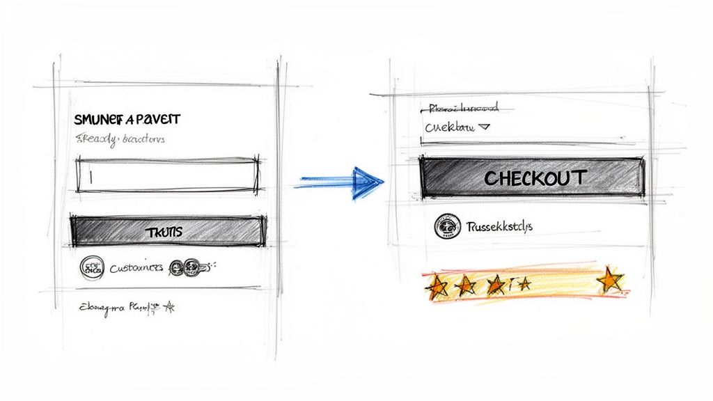 Twee handgetekende schetsen van een website-interface, met een pijl die een conversieproces aangeeft.