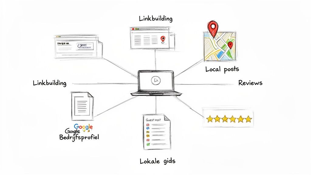 Een schematische tekening van een laptop die verbonden is met verschillende lokale SEO-elementen zoals linkbuilding, lokale berichten, recensies, Google Bedrijfsprofiel en gastposts.