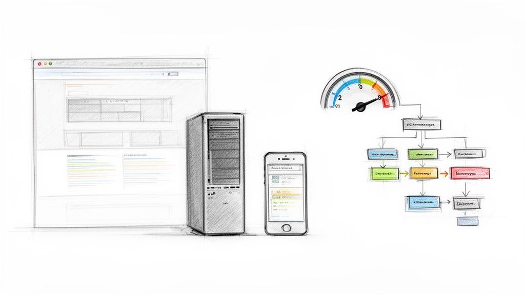 Schematische weergave van een website, computer, smartphone en een prestatiemeter met een stroomschema.