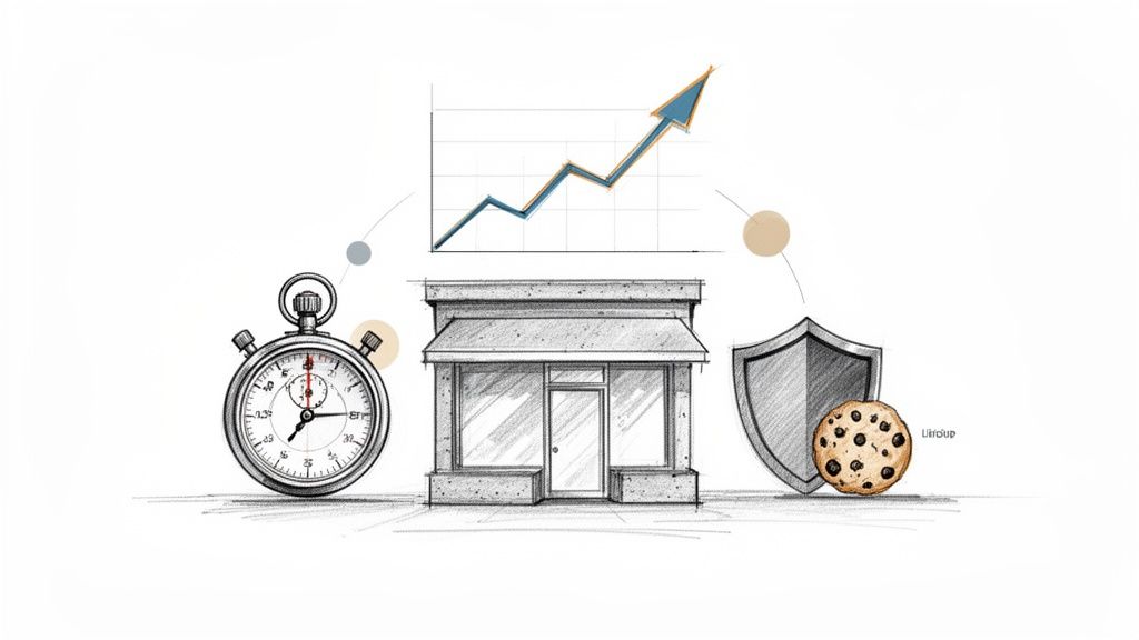 Een illustratie van een stopwatch, winkel, grafiek, schild en cookie, die efficiëntie, groei en veiligheid van een bedrijf symboliseren.