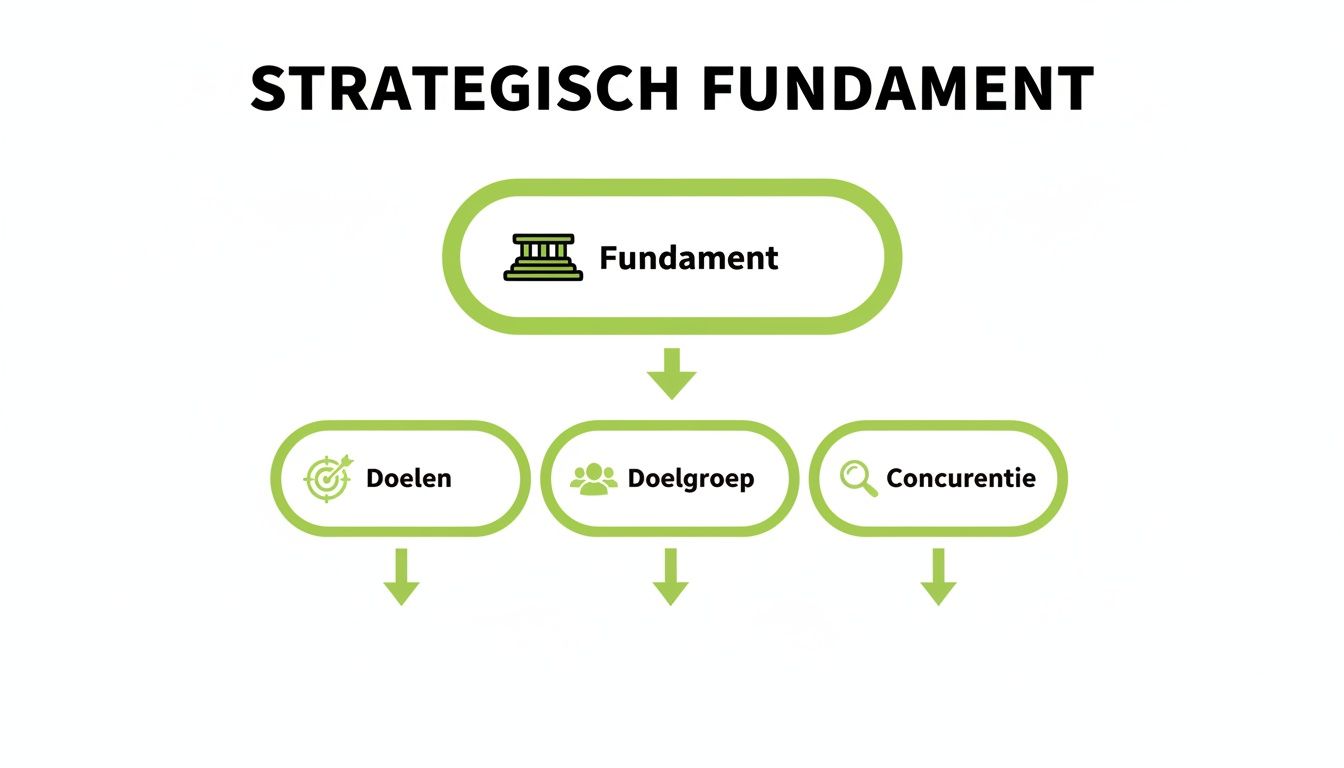 Een stroomdiagram over strategisch fundament met de onderdelen: Fundament, Doelen, Doelgroep en Concurrentie.