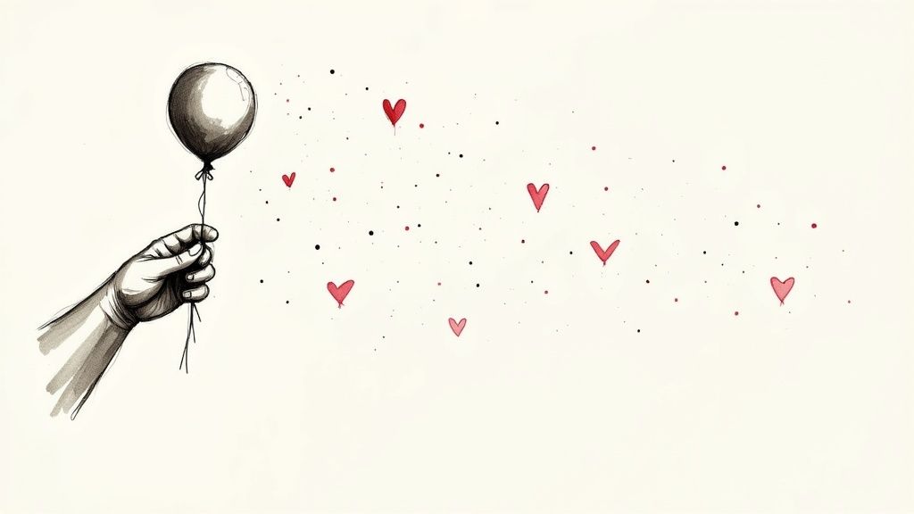 Een hand houdt een ballon vast, waaruit rode harten en stippen wegvliegen, op een lichte achtergrond.