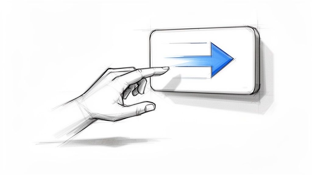 Een schets van een hand die op een knop drukt met een blauwe pijl naar rechts, als call to action.