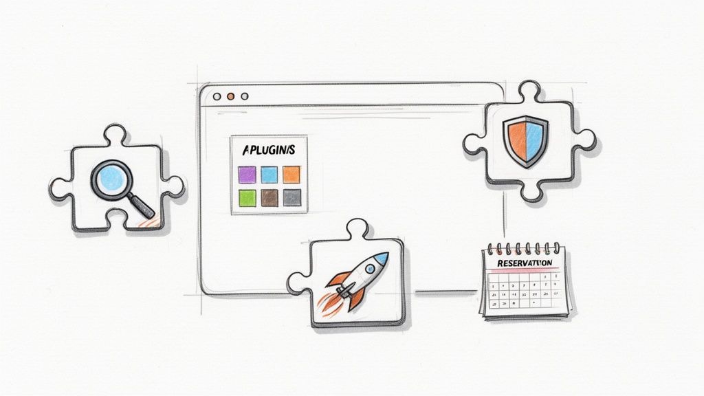 Illustratie van een websitebrowser met plugins, zoekfunctie, beveiliging, snelheid en een reserveringskalender.