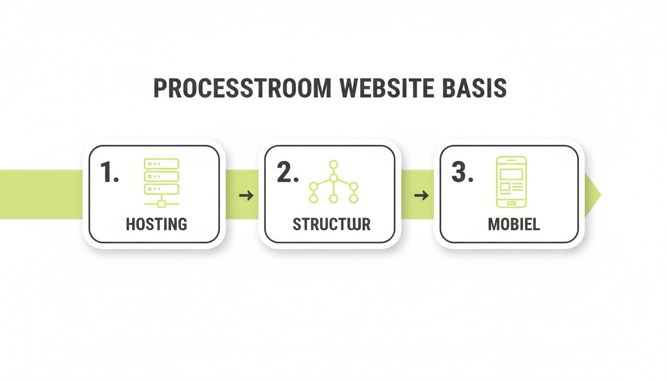 Een diagram toont de drie basisstappen voor een website: hosting, structuur en mobiele weergave.