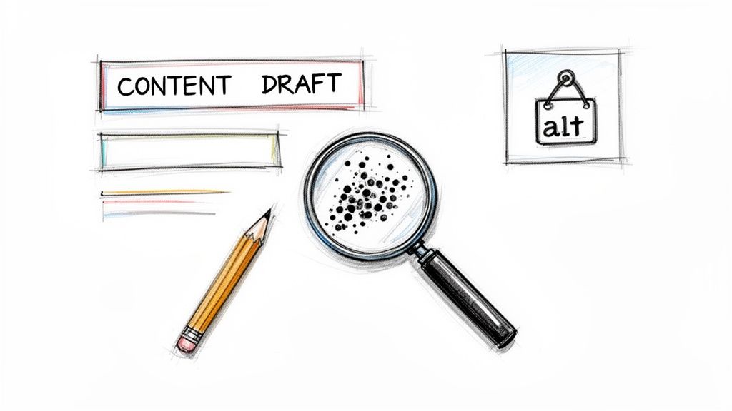 Illustratie van een contentconcept, inclusief potlood, vergrootglas en een 'alt'-label, wat SEO-optimalisatie symboliseert.