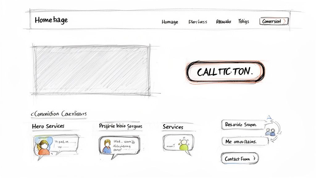 Een schets van een website-wireframe met navigatie, een grote placeholder, een 'CALL TIC. TON.' knop en service-secties met chatbubble-illustraties.