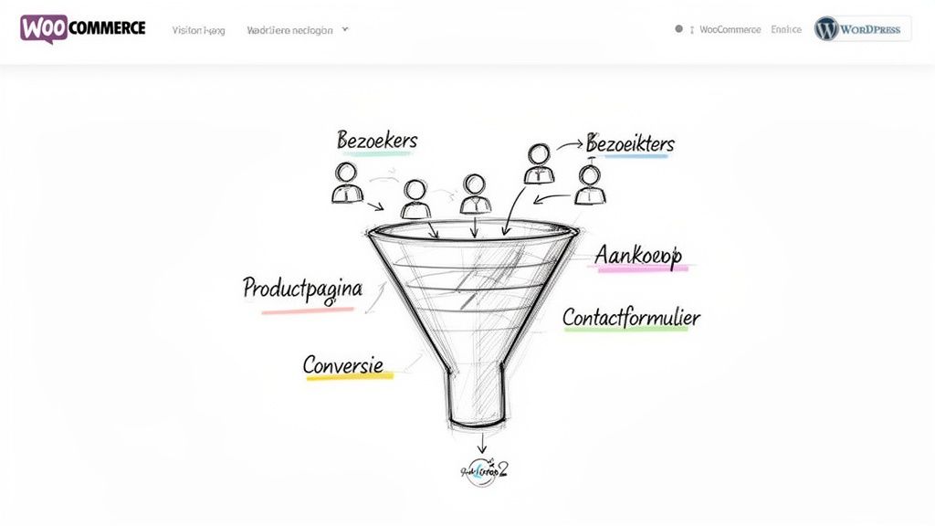Handgetekende verkoopfunnel illustreert de reis van bezoekers via productpagina's en contactformulieren naar conversie en aankoop.
