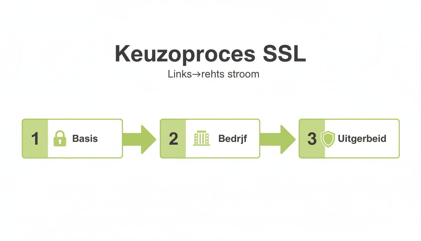 Visuele weergave van het SSL-keuzeproces: Basis, Bedrijf en Uitgebreid, met voortgang van links naar rechts.