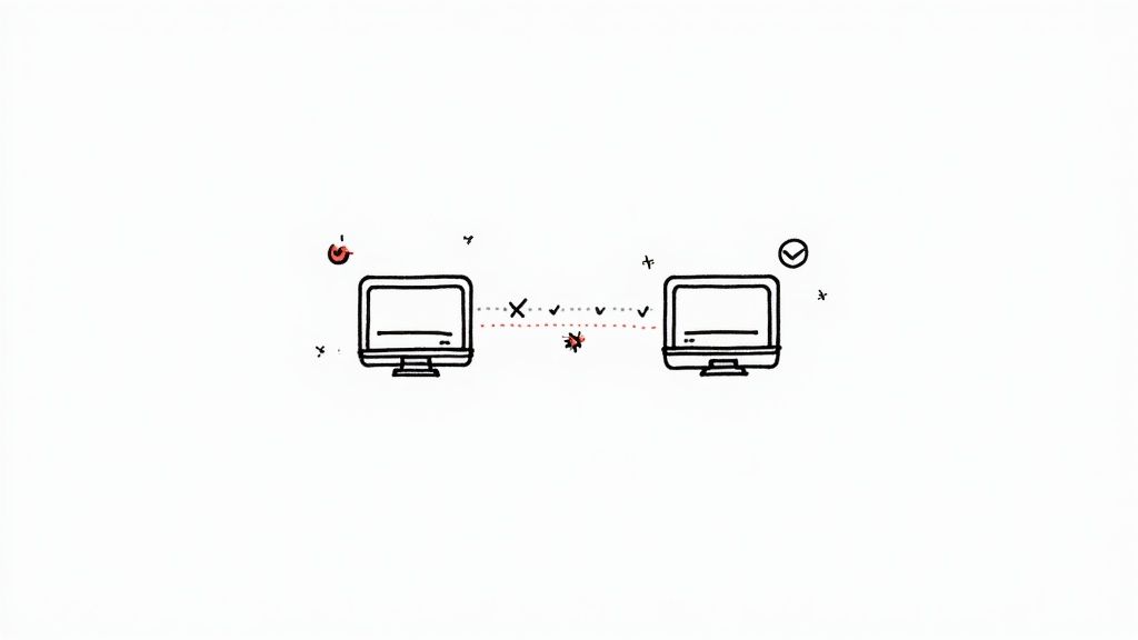 Een API koppeling laten maken voor je MKB bij de Websitebouwers Twee computers verbonden door een lijn met symbolen van fouten en successen, waaronder een bug en vinkjes.