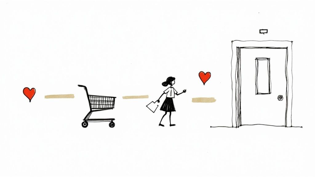 Een hart, winkelwagentje, vrouw met tas en deur illustreren een klantreis of marketingmodel.