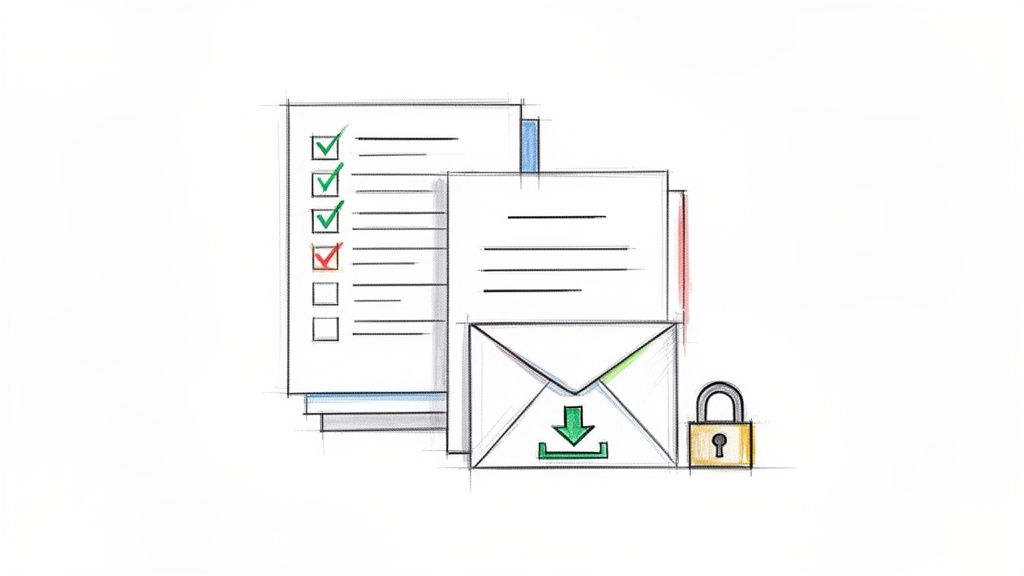 Een illustratie van documenten, een checklist, een envelop met downloadicoon en een hangslot, wat veilige documentverwerking symboliseert.