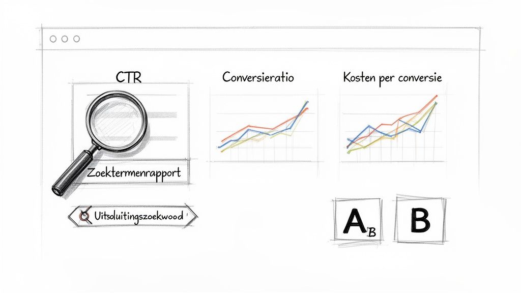 Overzicht van Google Ads statistieken met CTR, zoektermenrapport, conversieratio, kosten per conversie en A/B-testen.