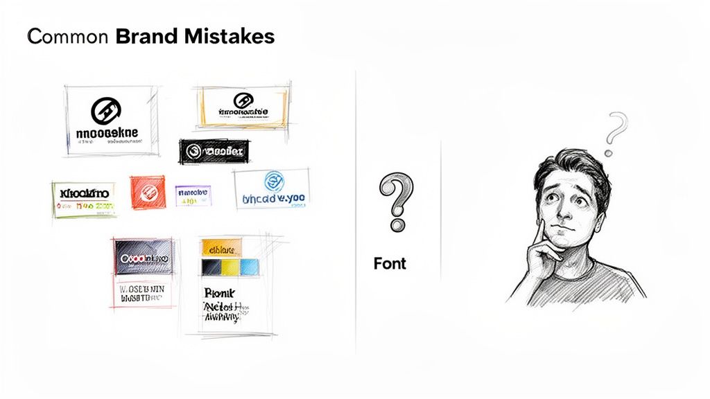 Illustratie van veelvoorkomende merkfouten, met verwarrende logo's en een persoon die nadenkt over lettertypen.