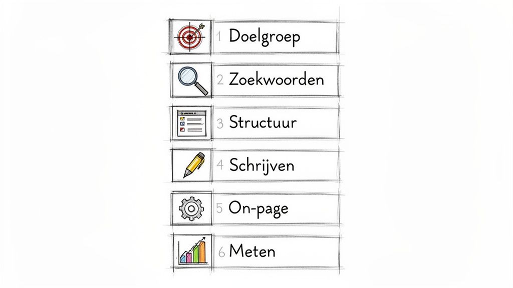 Een overzicht van 6 stappen voor SEO-teksten: doelgroep, zoekwoorden, structuur, schrijven, on-page en meten.