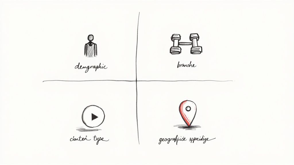 Een schema met vier segmentatiefactoren: demografisch, branche, contenttype en geografische spreiding, elk met een bijbehorend icoon.