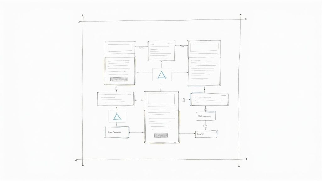 Een handgetekend wireframe of stroomschema van een website met verschillende schermen en interacties.