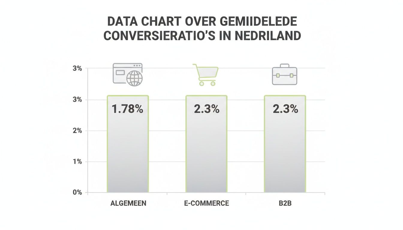 Staafdiagram met gemiddelde conversieratio's in Nederland voor algemeen, e-commerce en B2B sectoren.