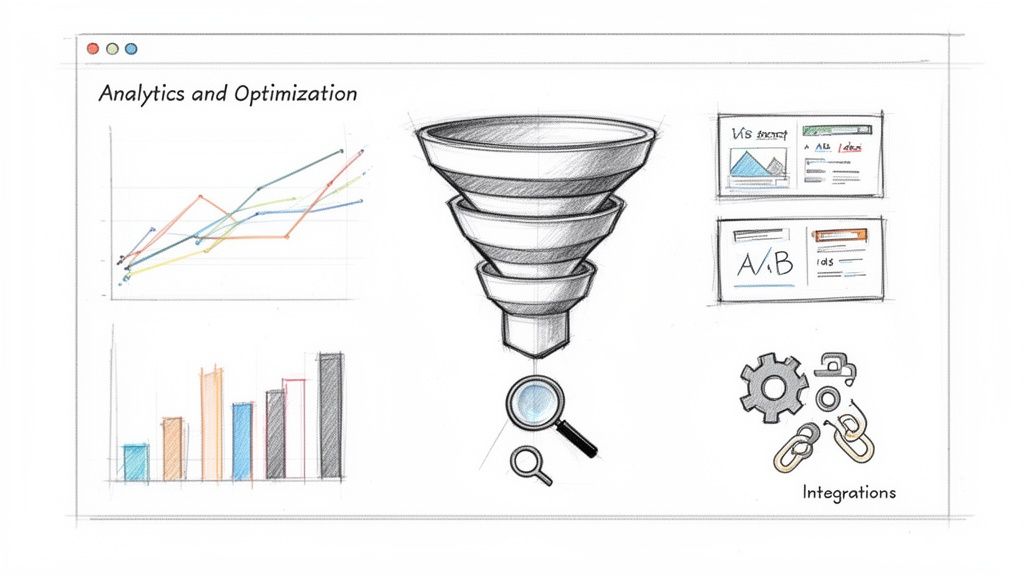 Illustratie van webanalyse en optimalisatieconcepten met grafieken, een conversietrechter, A/B-testen en systeemintegraties.