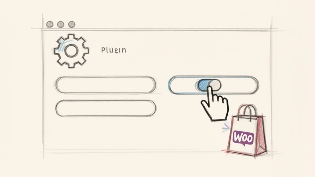 Een schets van een plugin-interface met een hand die een schakelaar activeert en een Woo (WooCommerce) boodschappentas.