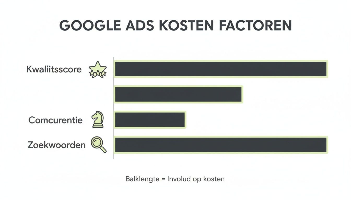 Een staafdiagram dat de factoren en hun invloed op de kosten van Google Ads weergeeft, zoals kwaliteitsscore, concurrentie en zoekwoorden.