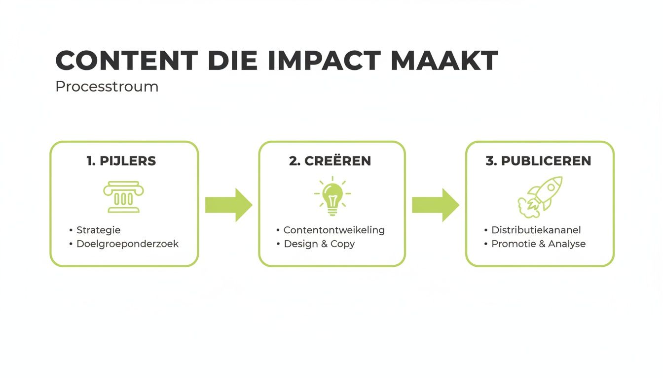 Een overzichtelijke infographic met drie stappen voor effectieve contentcreatie: pijlers, creëren en publiceren.