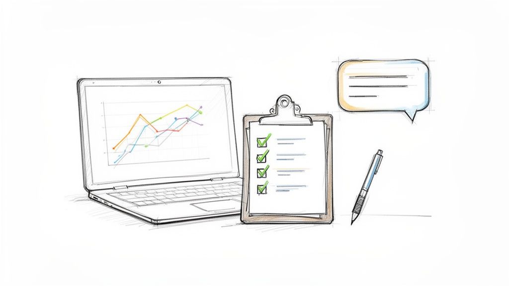 Een schets van een laptop met grafieken, een klembord met checklist, een tekstballon en een pen.