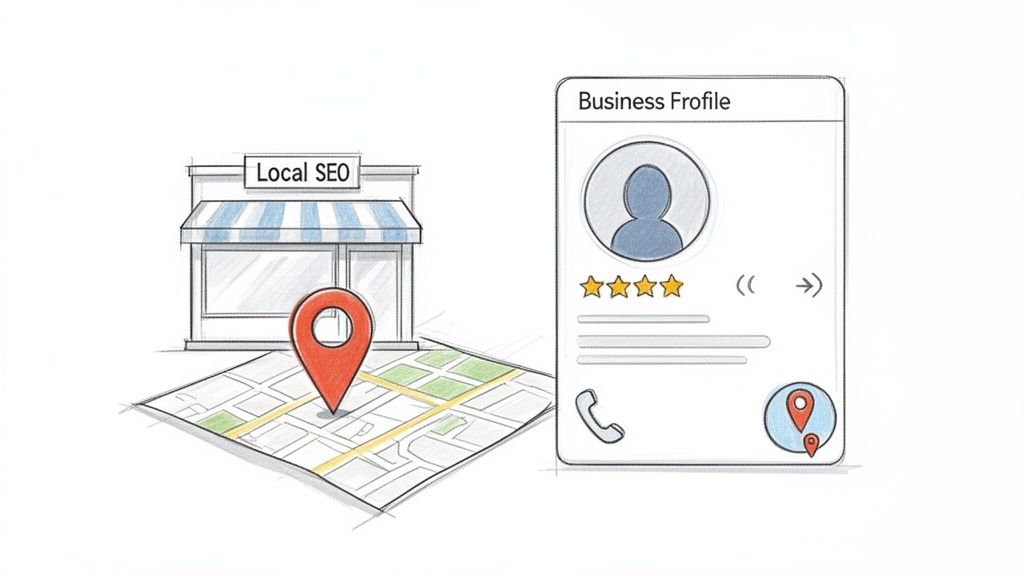 Illustratie van lokale SEO: een winkel, kaart met pin en een online bedrijfsprofiel met beoordelingen.