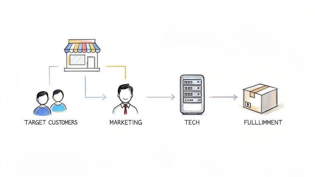 Diagram van een e-commerce bedrijfsstrategie met klanten, marketing, technologie en fulfilmentprocessen.