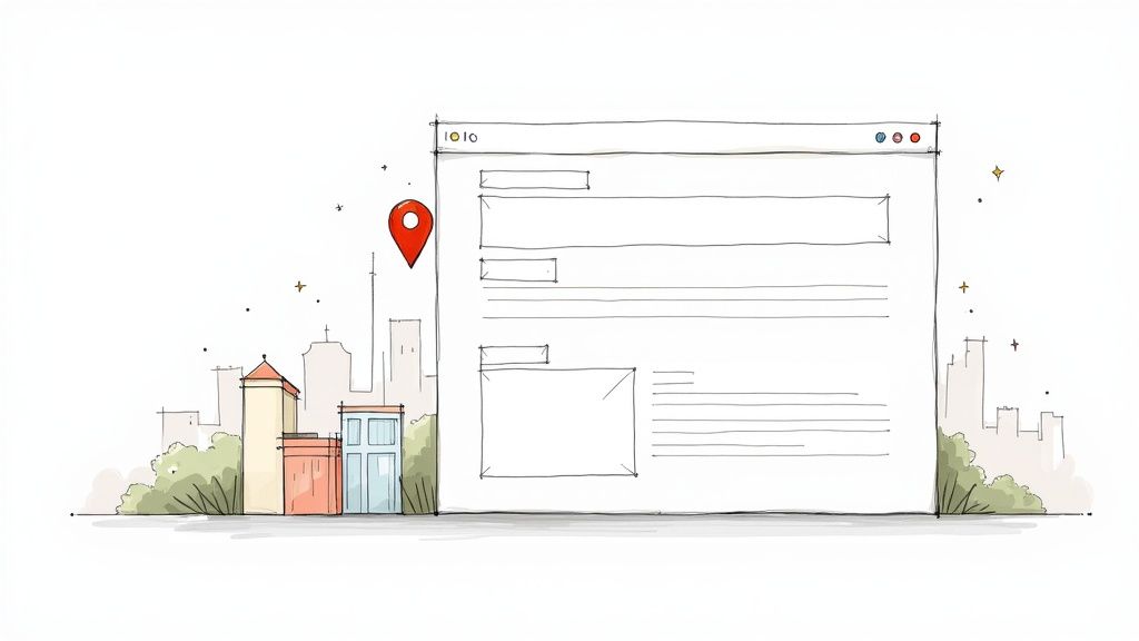 Schets van een browser met locatiepin en stadsgezicht, voor lokale SEO en online vindbaarheid.