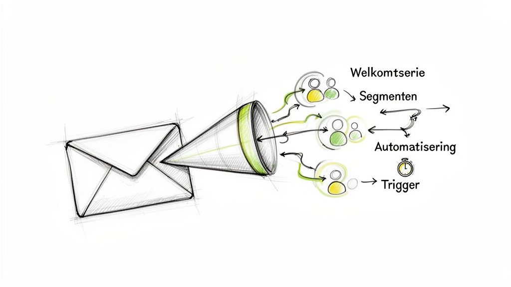 Afbeelding van een e-mailfunnel die leidt tot gesegmenteerde groepen, welkomstseries en automatiseringstriggers.