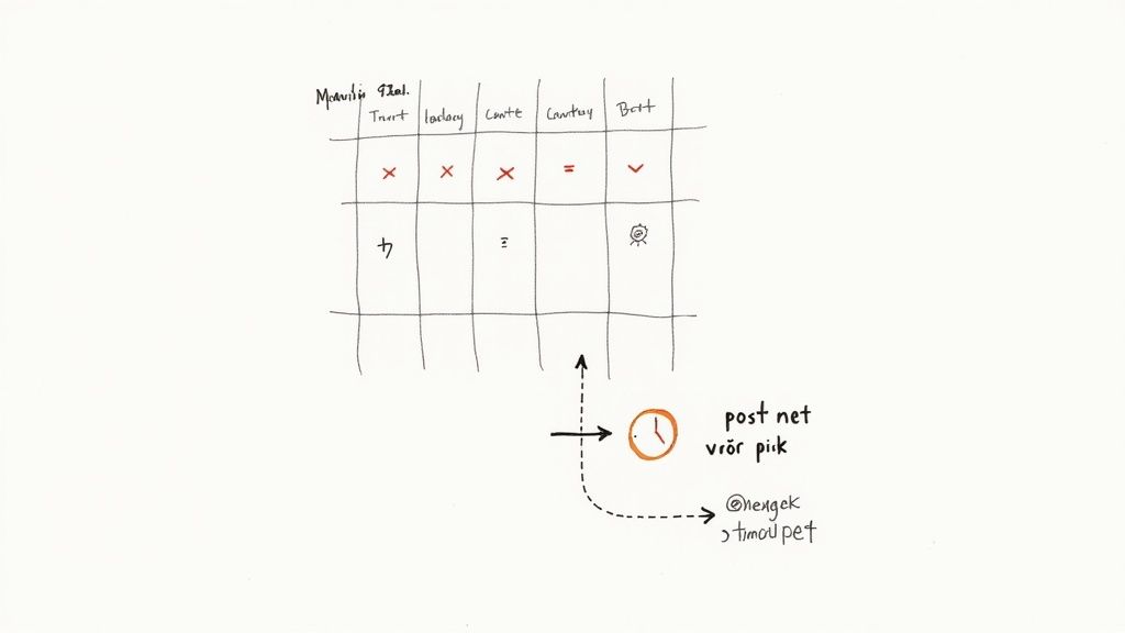Handgetekende tabel met namen, symbolen, een klok en tekst over 'post net vrör pik'.