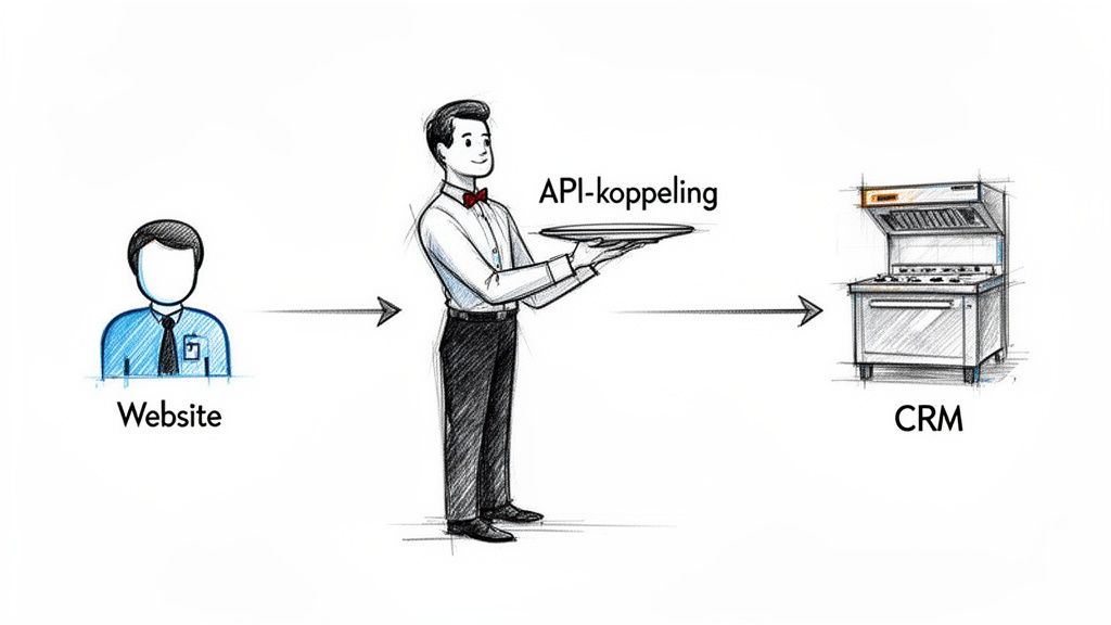 Wat is een API koppeling en hoe automatiseer je bedrijfsprocessen? bij de Websitebouwers Illustratie van een website die via een API-koppeling gegevens doorgeeft aan een CRM-systeem, gesymboliseerd door een ober.