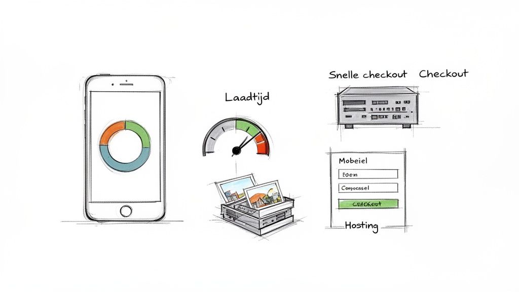 Illustratie van webshop optimalisatie met focus op laadtijd, mobiele ervaring en snelle checkout processen.