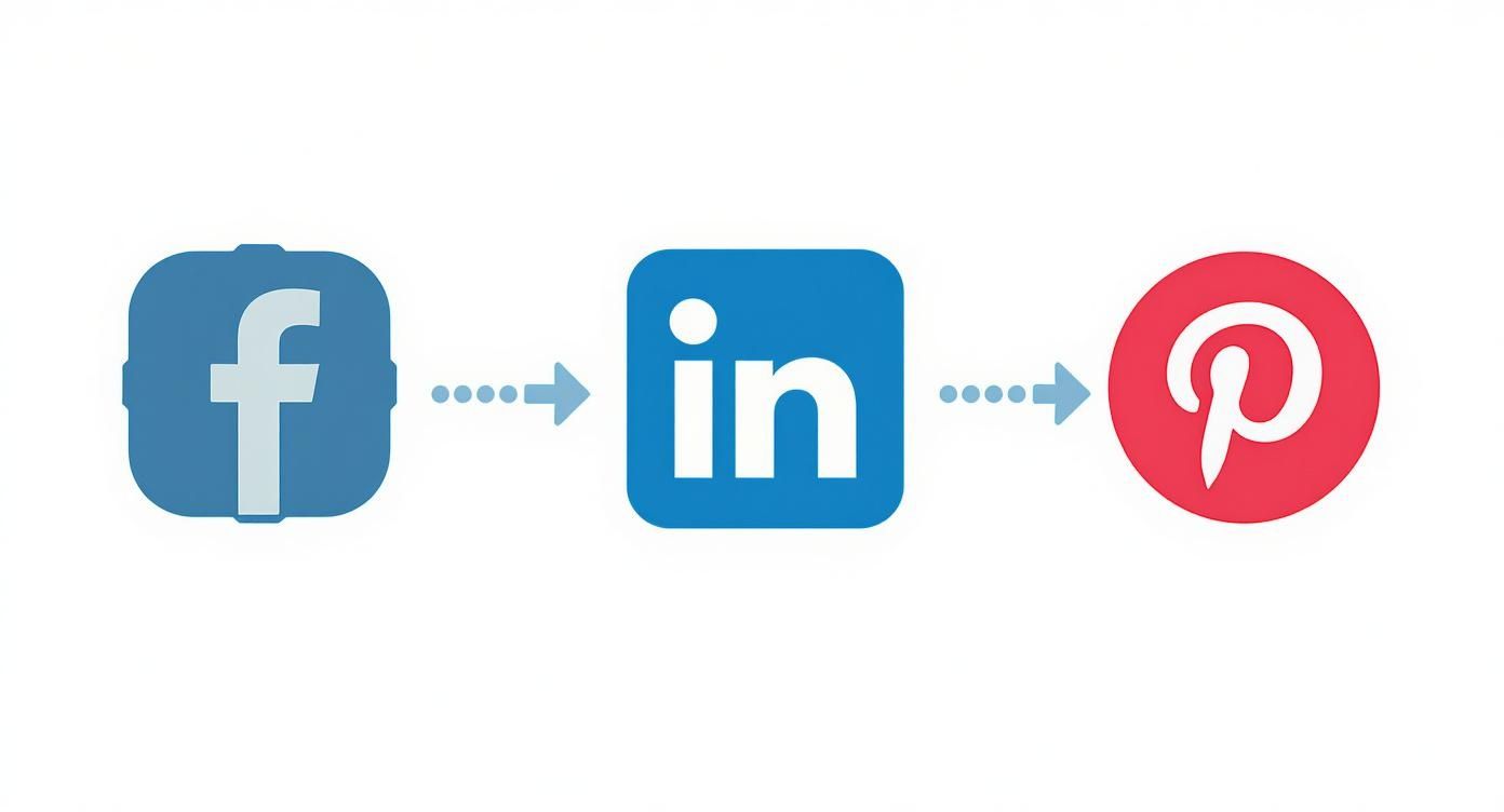 Logos van sociale mediaplatforms: Facebook, LinkedIn en Pinterest, verbonden door stippellijnen en pijlen.